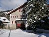 Fassade eines grossen alten Hauses in der Wintersonne, davor ein schneebedeckter Garten und eine schneebedeckte Tanne.