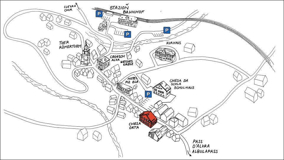 Handgezeichneter Lageplan zeigt die Chesa Orta im Dorf Bergün